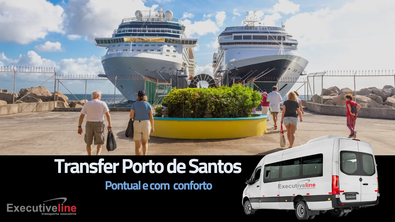 Imagem de cruzeiro de navio e imagem de van simbolizando serviço de transfer Porto de Santos