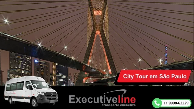 Imagem da ponte estaiada na cidade de São Paulo, simbolizando o city tour em São Paulo. e imagem de uma van branca