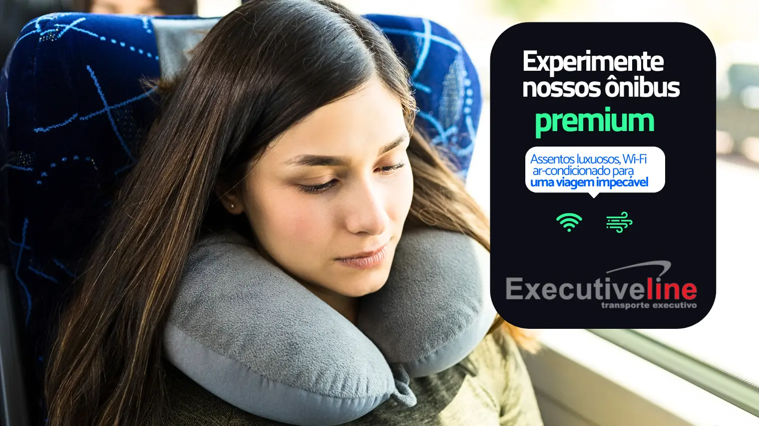 imagem de mulher sentada confortavelmente em banco de um onibus executivo. Imagem refere-se a texo informando sobre empresa de aluguel de ônibus