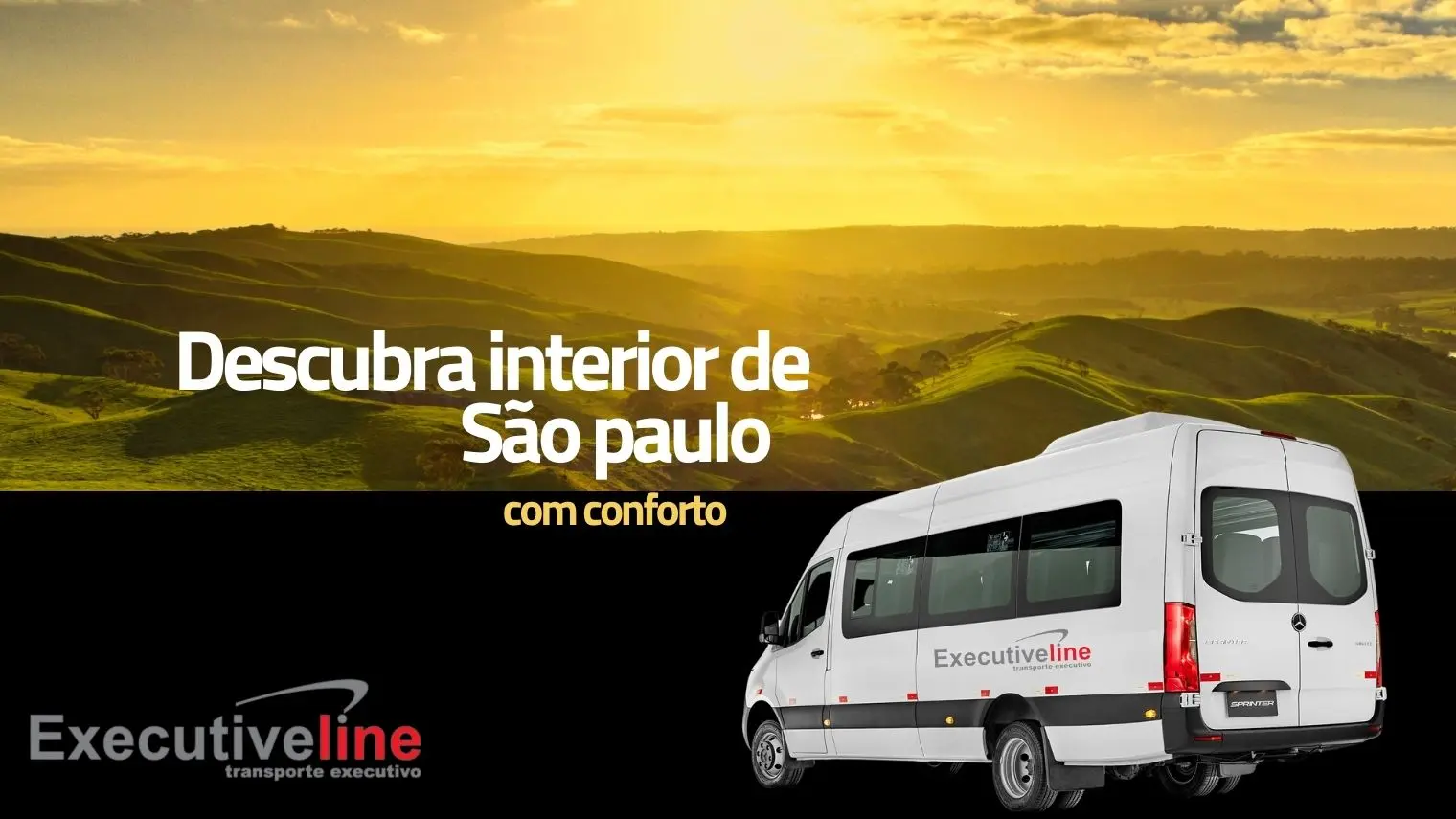 paisagem no fundo imagem de van na cor branca e frase aluguel de van para o interior de São Paulo