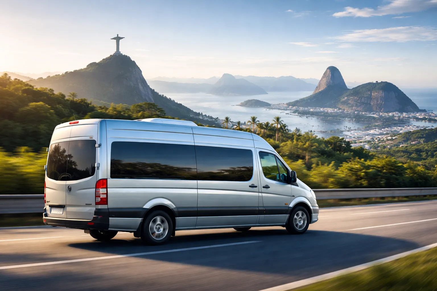 Van executiva moderna viajando rumo ao Rio de Janeiro, com Cristo Redentor e Pão de Açúcar ao fundo.